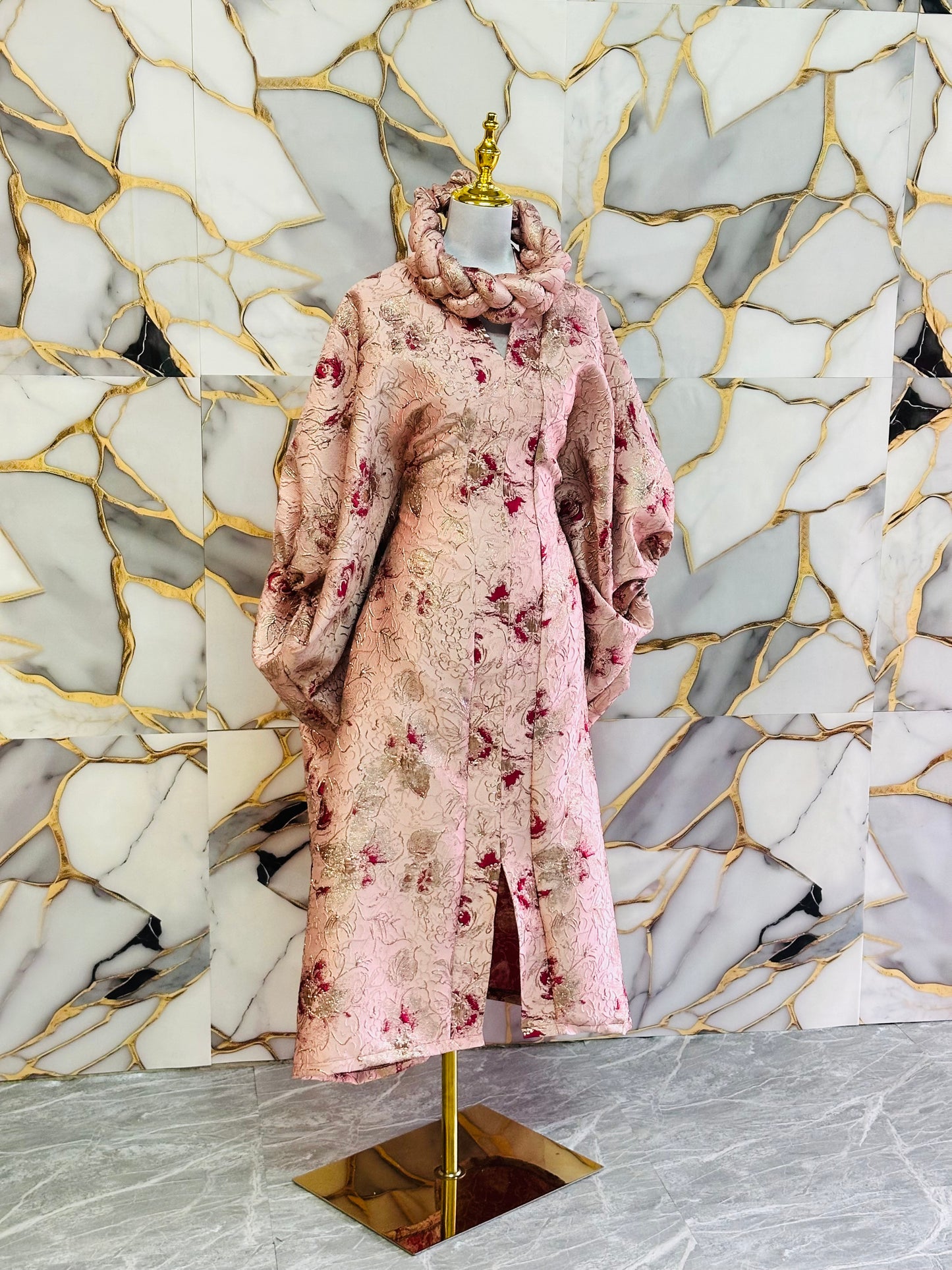 Brocade puffed sleeve dress.