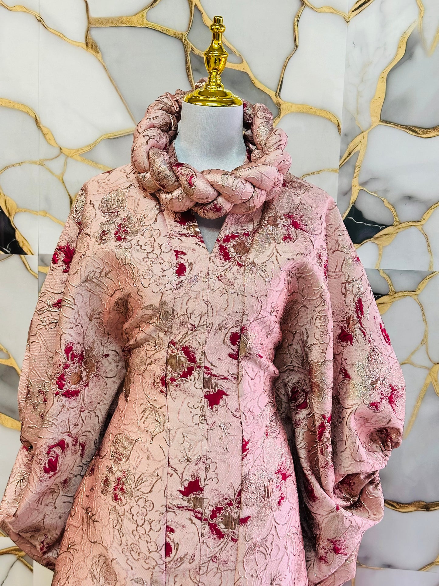 Brocade puffed sleeve dress.